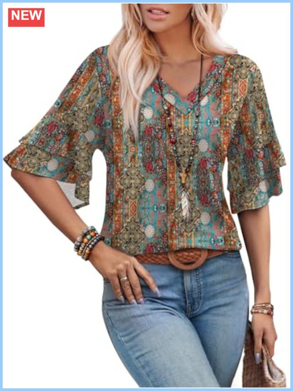 Women's V-Neck Boho Blouse 3/4 Bell Sleeve Dressy Casual Top